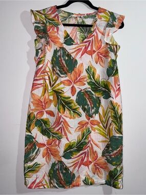 Nicole Miller NY 100% Linen Tropical Leaf Print Ruffle Sleeve Dress XS